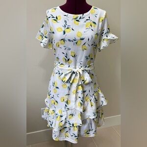 Banana Republic Ruffle Frill Tie Waist Dress in White Lemon Chiffon Size 12P
